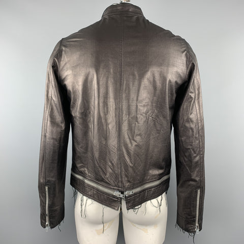 HAUTE Taille 42 Cuir Noir Full Zip Col Haut Poches Zippées Veste Ourlet Brut