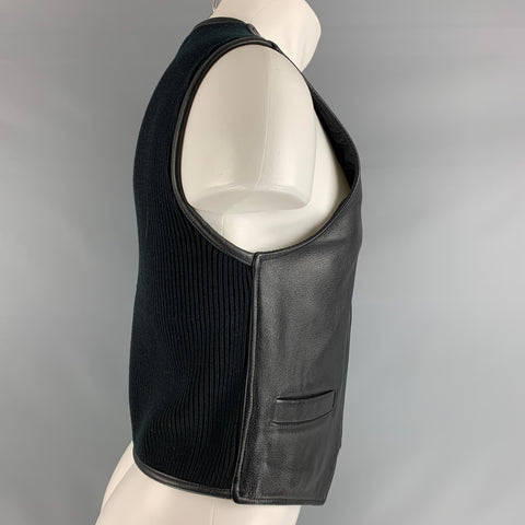 DONNA KARAN Size S Black Mixed Materials Leather Zip Up Vest