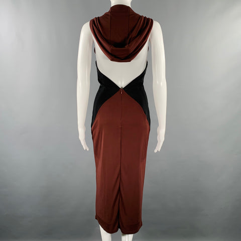 MIAOU Size S Black Brown Viscose Blend Color Block Hooded Mid Calf Dress