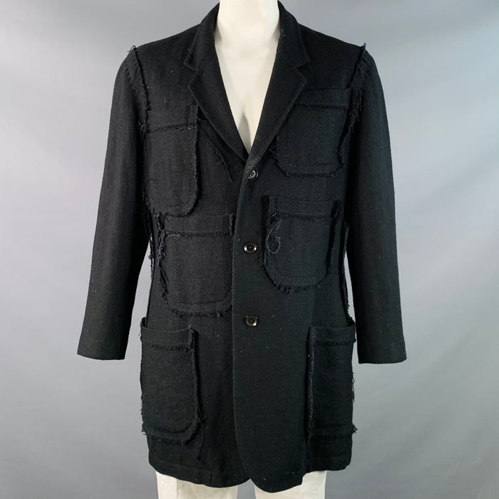 YOHJI YAMAMOTO Size L Black Twill Linen Wool Notch Lapel Coat