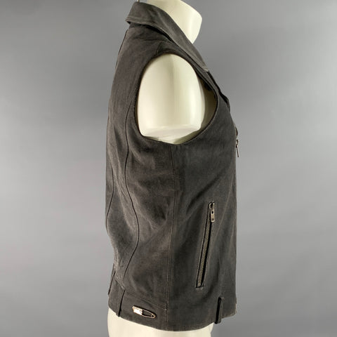 DIESEL Size L Grey Distressed Calf Leather Biker Vest