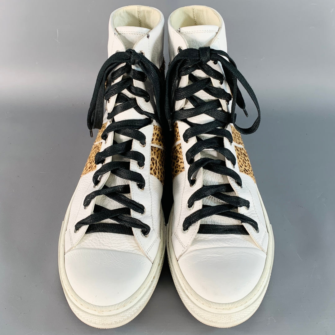 AMIRI Size 11 White Brown Animal Print Faux Fur Leather High Top Sneakers