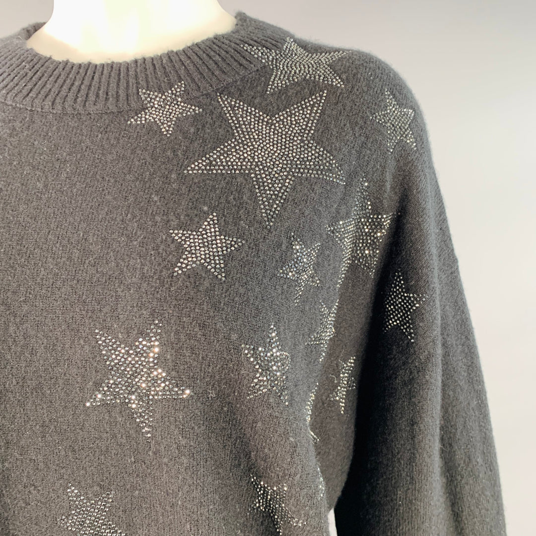 ZADIG & VOLTAIRE Size S Black Silver Red Cashmere Rhinestone Stars Raw Edge Pullover