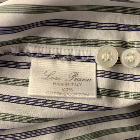 LORO PIANA Size L Green White Blue Stripe Cotton Long Sleeve Shirt