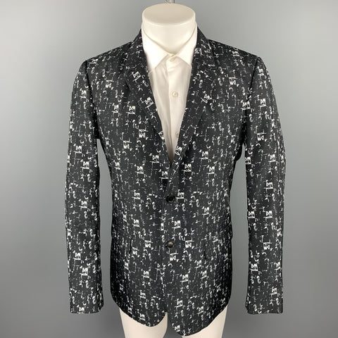 CALVIN KLEIN COLLECTION Size 40 Black & White Print Polyester Sport Coat