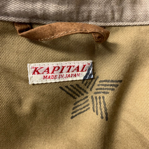 KAPITAL Size XL Khaki Cotton Hemp Leather Trim Notch Lapel Jacket