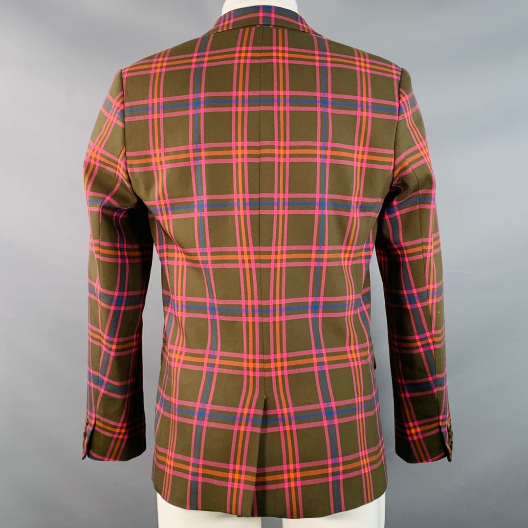 MR TURK Size 38 Olive Pink Orange Plaid Polyester Blend Notch Lapel Sport Coat