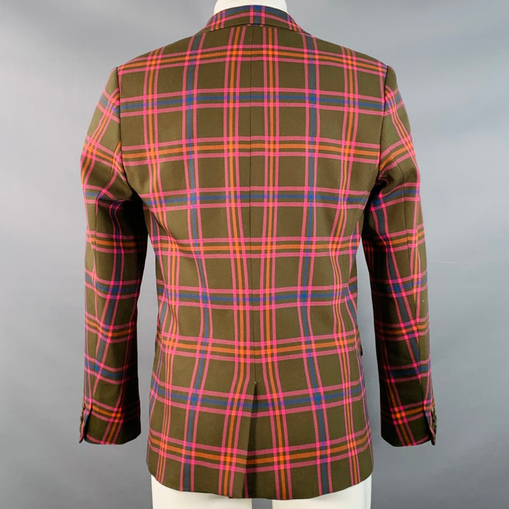 MR TURK Size 38 Olive Pink Orange Plaid Polyester Blend Notch Lapel Sport Coat