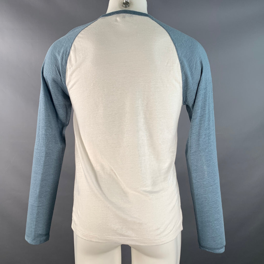 VINCE Size S White Blue Linen Crew Neck Baseball Tee Pullover