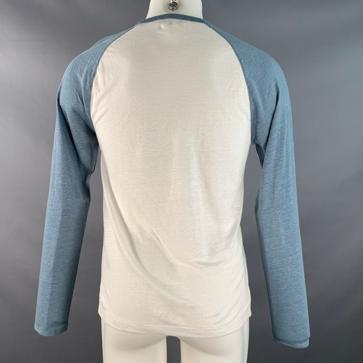 VINCE Size S White Blue Linen Crew Neck Baseball Tee Pullover