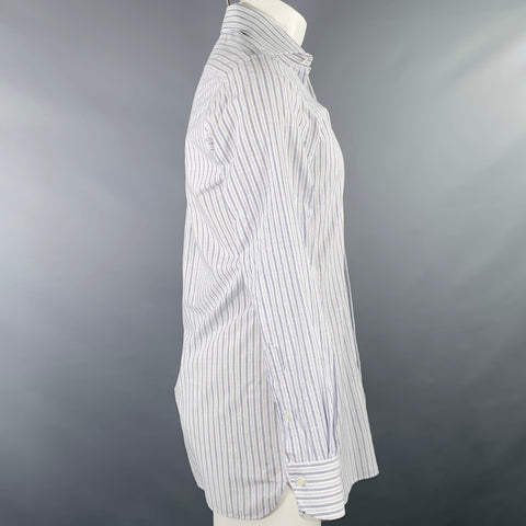 100 HANDS Size M White Blue Stripe Cotton Spread Collar Long Sleeve Shirt