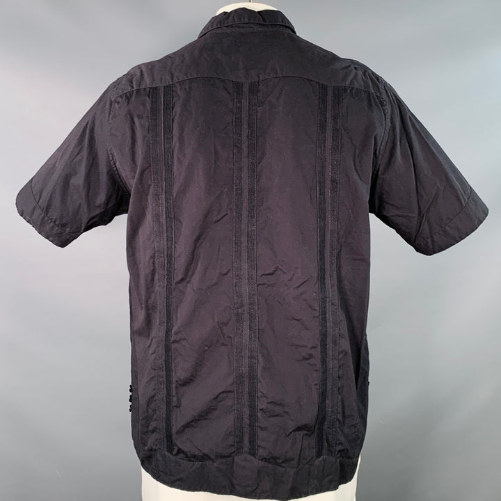 MONITALY Size XL Black Stripe Cotton Guayabera Short Sleeve Shirt