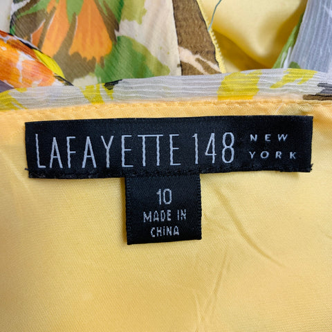 LAFAYETTE 148 Size 10 Yellow Multi Color Silk Chiffon Floral Sleeveless V-Neck Midi Dress