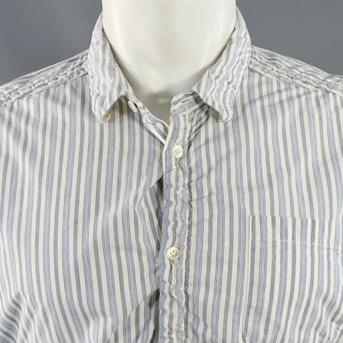UNDERCOVER SS17 Size M White Blue Stripe Cotton Ruched One Pocket Long Sleeve Shirt