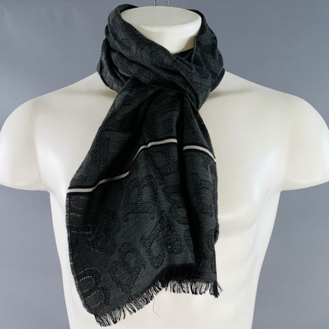 BALLY Grey Black Monogram Logo Wool Silk Fringe Scarf