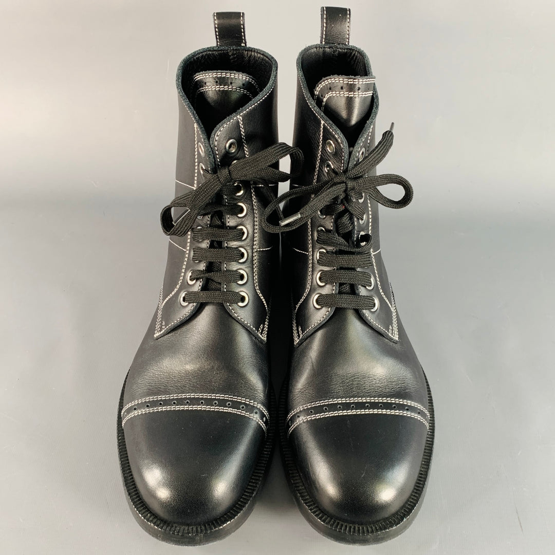 LOEWE FW17 Size 12 Black White Contrast Stitch Leather Military Boots