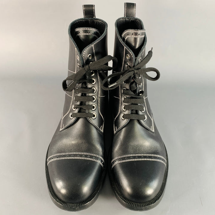 LOEWE FW17 Size 12 Black White Contrast Stitch Leather Military Boots
