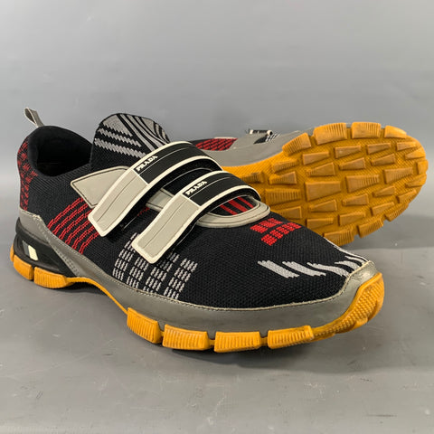 PRADA Size 9.5 Black Red & Grey Stripe Nylon Hook & Loop Sneakers