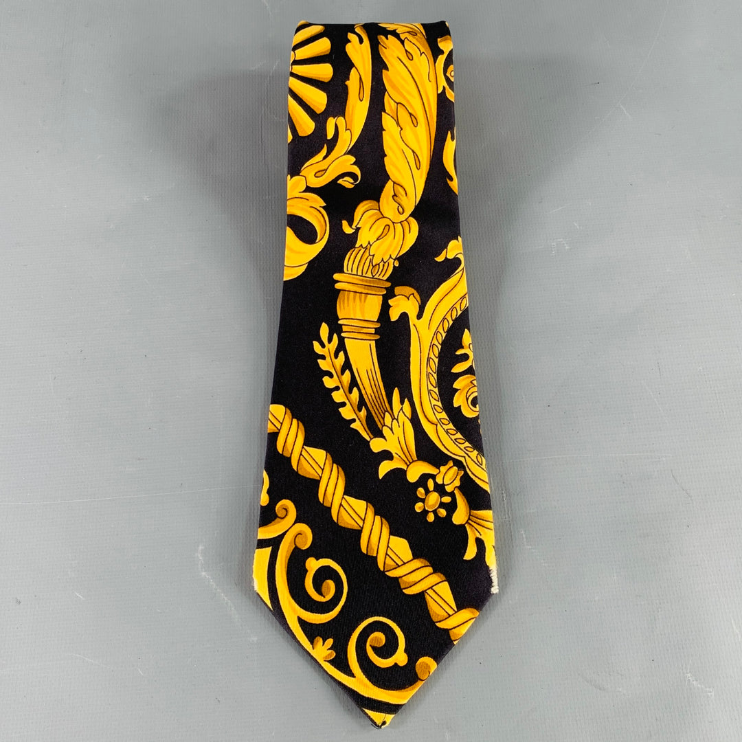SAKS FIFTH AVENUE Black Gold Baroque Silk Tie