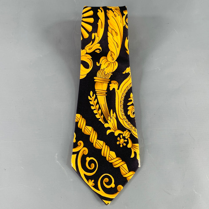 SAKS FIFTH AVENUE Black Gold Baroque Silk Tie
