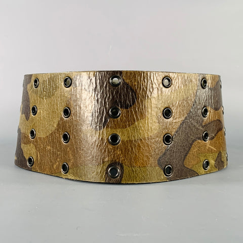 PLEIN SUD Green Brown Camouflage Leather Wide Belt