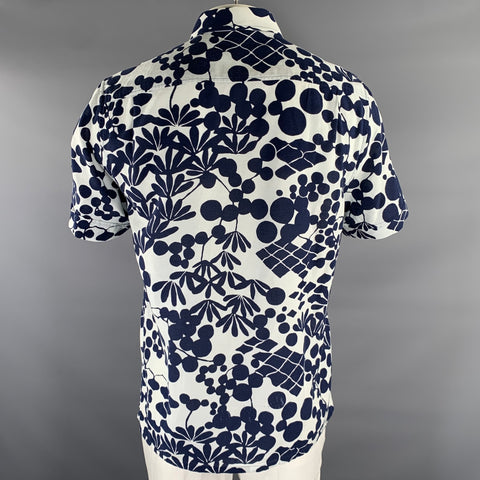 MR TURK Size L Blue White Floral Rayon Cotton Cutaway Short Sleeve Shirt