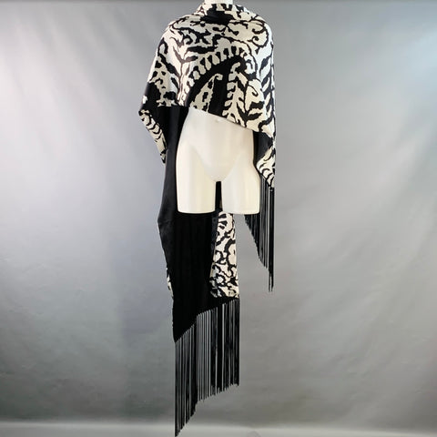 GIORGIO ARMANI Black White Print Silk Fringe Scarf Shawl