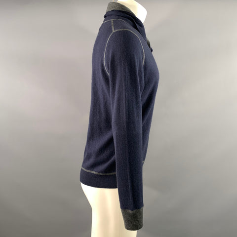 NEIMAN MARCUS Size S Navy Grey Contrast Stitch Cashmere Double Collar Pullover