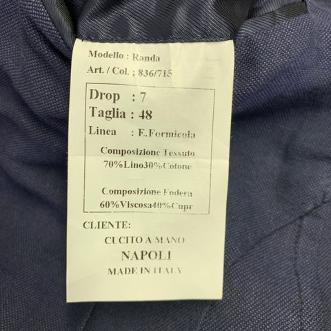 E. FORMICOLA Veste Homme Bleu Lin Coton Taille 38 Coupe Droite