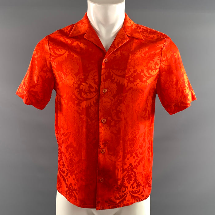 VERSACE Size S Red Baroque Silk Short Sleeve Shirt