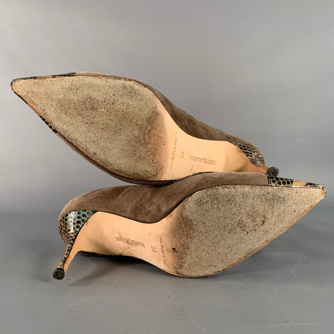 MANOLO BLAHNIK Size 8 Tan Brown Suede Snakeskin Cap Toe Pumps