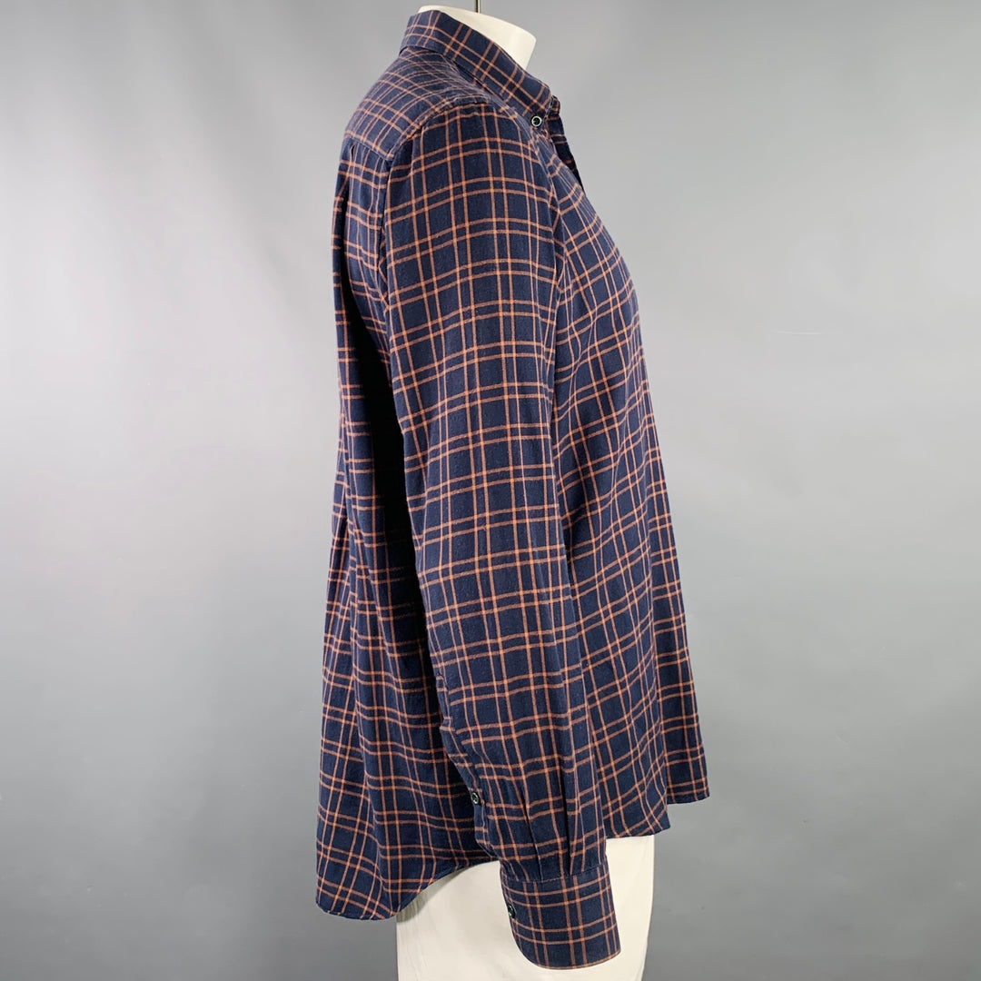 ADAM KIMMEL Size L Navy Orange Plaid Cotton Flannel Long Sleeve Shirt