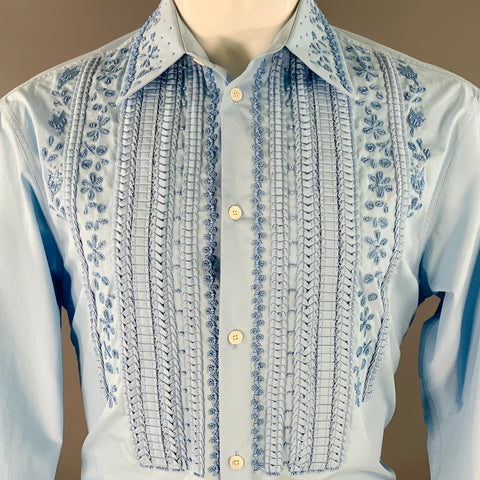 VALENTINO Size S Blue Beaded Embroidery Cotton Tuxedo Long Sleeve Shirt