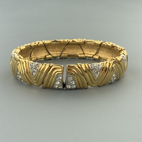 Vintage Gold Tone Metal Rhinestones Textured Open Cuff Bracelet