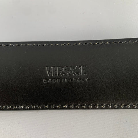 VERSACE Size 36 Black Gold Greca Goddess Leather Belt