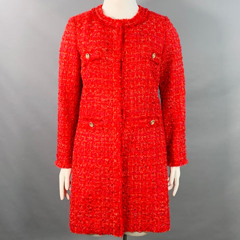 WEILL PARIS Size L Red Acrylic Blend Tweed Hook Eye Collarless Coat