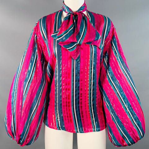 TRINA TURK Size S Pink Green Silk Metallic Stripe Bishop Bow Blouse