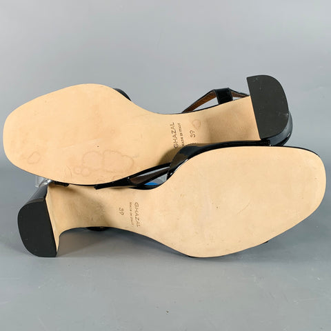 GHAZAL Size 9 Black Patent Leather Strappy Sandals