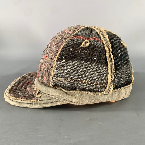 KAPITAL Grey Navy Patchwork Leather Trim Wool Blend Hats