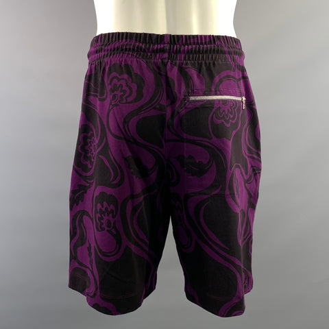 DRIES VAN NOTEN Size M Purple Black Abstract Elastic Waistband Shorts