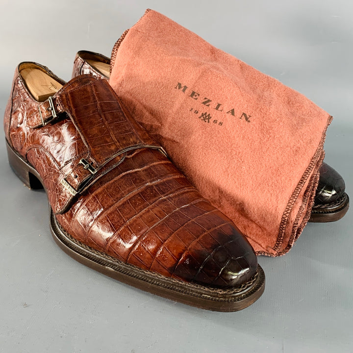 MEZLAN Size 11 Brown Crocodile Leather Double Monk Strap Loafers
