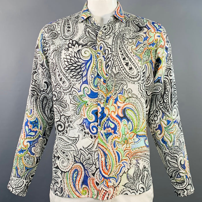 ETRO Size L White Abstract Floral Linen Cutaway Long Sleeve Shirt