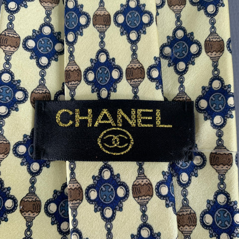 CHANEL Yellow Blue Abstract Beaded Print Silk Tie