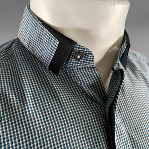 LANVIN Size S White Teal Gingham Cotton Point Collar Long Sleeve Shirt