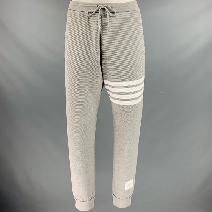 THOM BROWNE Taille L -Ottoman 4 Bar- Pantalon de survêtement en coton côtelé gris blanc Pantalon décontracté