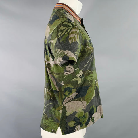 VALENTINO Size M Green Black Grey Leaves Cotton Buttoned Polo