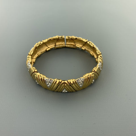 Vintage Gold Tone Metal Rhinestones Textured Open Cuff Bracelet