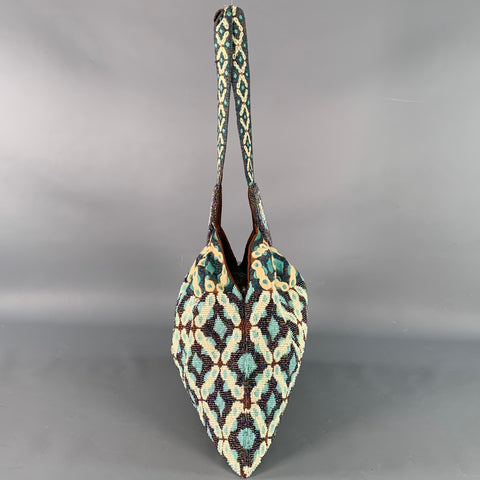 MURIEL BRANDOLINI Blue Brown White Beaded Hand Embroidered Cotton Handbag