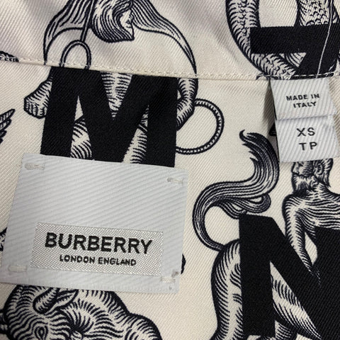 BURBERRY Size XS White Black Print Silk Camp Short Sleeve Shirt