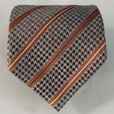 BRIONI One Size Brown Grey Houndstooth Diagonal Stripe Silk Tie
